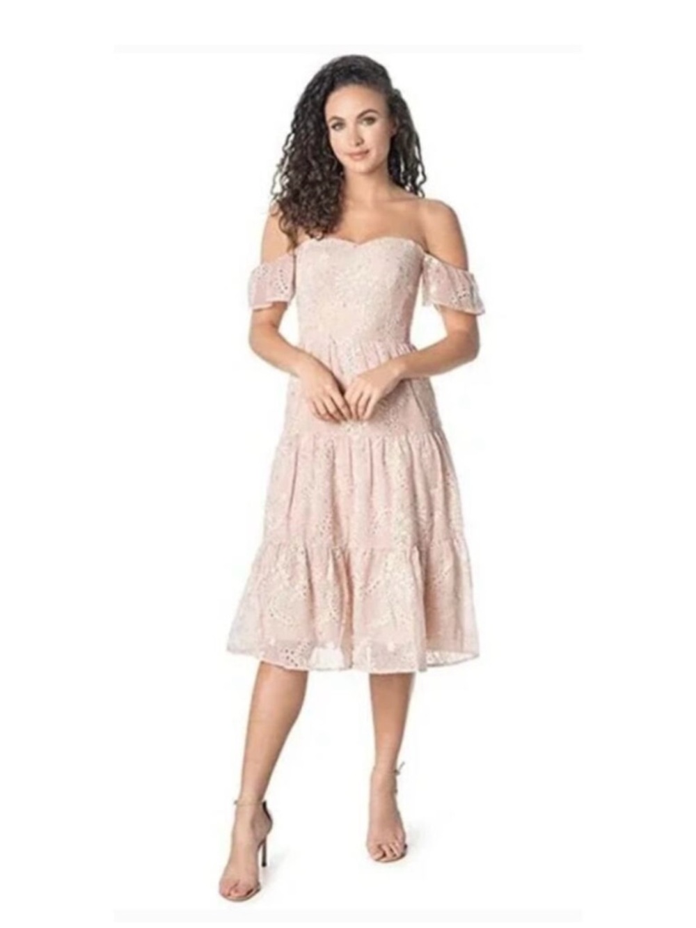 Dress the Population Blush Beige Floral Lace Off-Shoulder Midi Dress